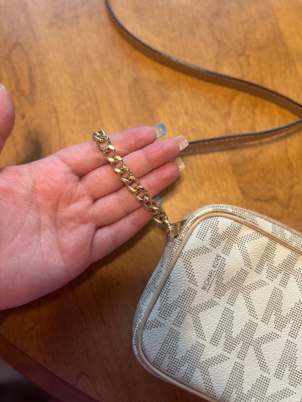 Michael Kors Embossed MK Logo Crossbody in Cream and Tan - Picture 12 of 14